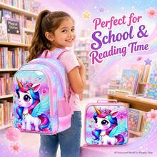 3pcs/Set Girls Cartoon Unicorn Floral Blue Wings Adjustable Shoulder Strap Zipper Closure Cute Style Backpack Set, Suitable For Back To School And Daily Outings - Pink - View 7