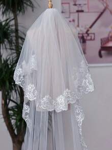 White Fashion Wedding Dress Party Hair Comb Long Lace Train Veil - White - View 5