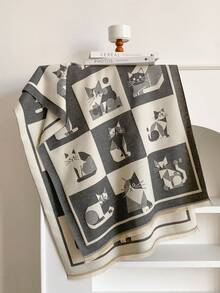 1pc Faux Cashmere Elegant Design Cat Pattern Jacquard Warm Scarf For Women, Air Conditioning Room Blanket, Autumn/Winter Outdoor Travel Cold Protection Neck Warmer Decorative Scarf Shawl Dual Use, Suitable For Daily Matching, First Choice For Gift Giving - Grey - View 2