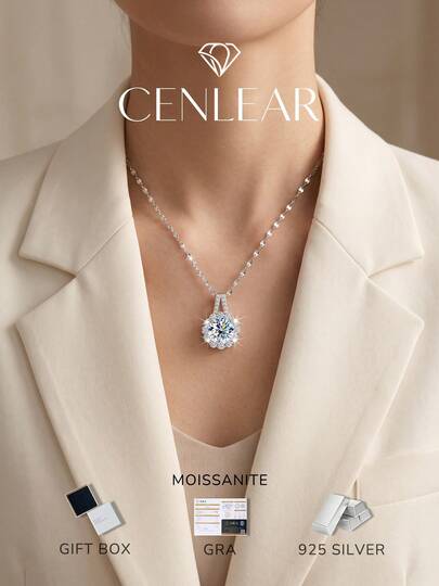 CENLEAR 1 pieza Collar con colgante de girasol de plata de ley S925 con moissanita, elegante joya con corte redondo brillante, regalo para novia/esposa