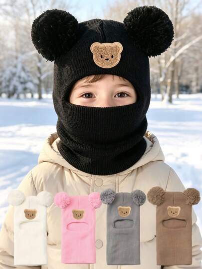 1 pieza Gorro de punto con forma de oso cálido para bebé unisex - Gorro pasamontañas con pompones de orejas de oso, calentador de cuello de punto, prenda para el frío, adecuado para actividades al aire libre
