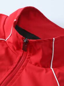 Men's Red & Black Colorblock F1 Racing Style Stand Collar Jacket, Multi-Print Loose Fit Vintage Motorcycle Casual Jacket, Spring/Autumn - Red - View 3