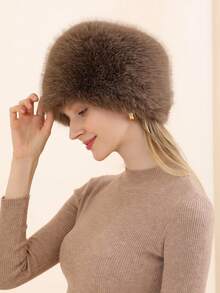 1PC Solid Color Elegant Casual Polyester Faux Fox Fur Round Top Flat Top Bucket Hat For Women, Warm, Versatile, Face-Slimming, Winter - Multicolor - View 7