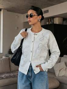 VIBEWAVE White Bow Rhinestone Single-Breasted Loose Long Sleeve Knit Cardigan Women Sweet Cool Luxury Hot Girl Style Spring Autumn Outerwear Top - White - View 4