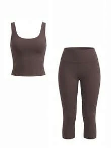 Women's Casual Sports 2 Pieces Set, U-Neck Backless Sleeveless Tank Top With Removable Padded Cups, High-Waisted Slim-Fit Capris, Suitable For Yoga, Running, Outdoor Sports - Brown - View 3