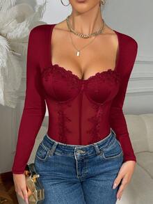 RAHQ 1pc Fashionable Bodysuit, Long Sleeve Square Neck, Delicate Sheer Mesh Decor, Slim Fit - Red - View 6