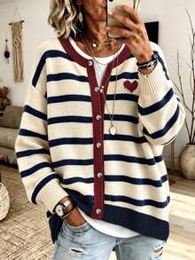 Plus Size Striped Heart Knit Cardigan, Long Sleeve Button Front Crew Neck Sweater Jacket, Casual Loose Fall Winter Women Knit Outerwear - Multicolor - View 1
