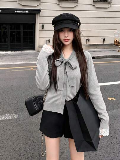 Autumn/Winter New Long Sleeve V-Neck Niche Design Vintage Unique Bow Tie Lace 2 In 1 Knit Sweater Top