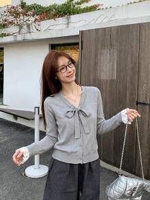 Autumn/Winter New Long Sleeve V-Neck Niche Design Vintage Unique Bow Tie Lace 2 In 1 Knit Sweater Top - Grey - View 5