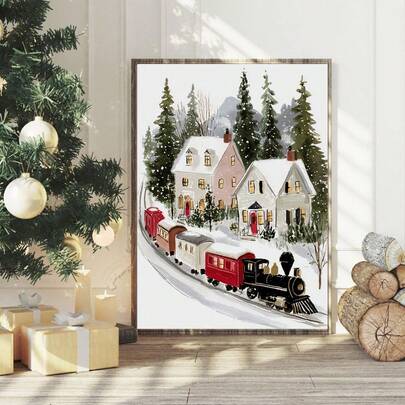 1pc Christmas Canvas Wall Art Winter Snow Village Poster Red Train Steam Engine Houses Pine Trees Xmas Kitchen Living Room Bedroom Entryway Decor Holiday Painting Home Decoration Cozy Gift Unframed Or Framed/Wooden Hanging