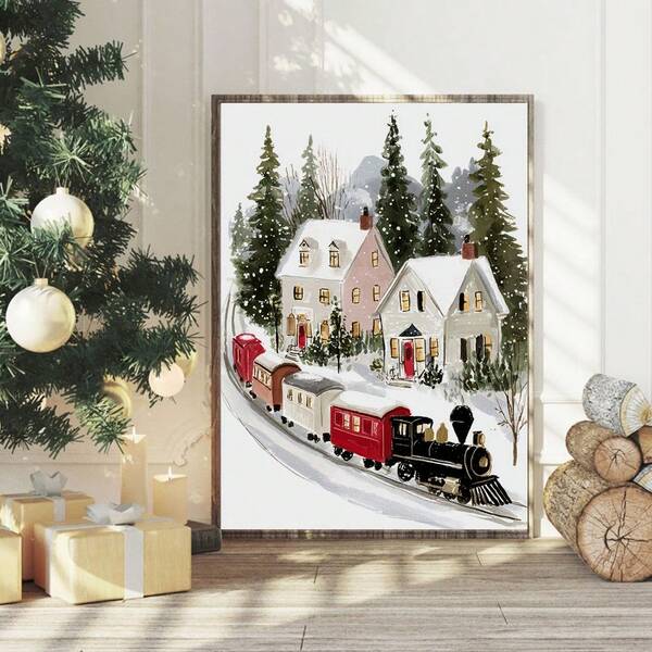 1pc Christmas Canvas Wall Art Winter Snow Village Poster Red Train Steam Engine Houses Pine Trees Xmas Kitchen Living Room Bedroom Entryway Decor Holiday Painting Home Decoration Cozy Gift Unframed Or Framed/Wooden Hanging