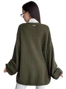 Damen Strickcardigan mit V‑Ausschnitt, weicher flauschiger Strickstoff, lange Ballonärmel, offene Front lässige Strickjacke für Alltag - Armeegrün - Übersicht 4