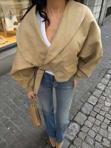 Women's Casual Solid Color Short Jacket, Fashionable Everyday Wear Short Coat - Khaki - View 7