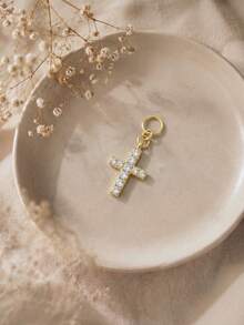 1Pc 925 Silver Earrings Gold Paved Zirconia Cross Charm Pendant Dangle Cross Earring Charm Attachment For Hoop Earrings Jewelry Making DIY Accessory - Gold - View 5