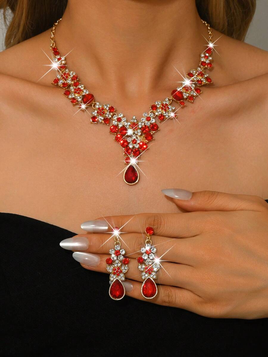 Set Perhiasan Leher V Mewah Bergaya Vintage dengan Hiasan Berat, Cocok untuk Pernikahan, Pesta Malam, dan Aksesoris Pesta Dansa - 1742 Emas Merah - HB - View 1