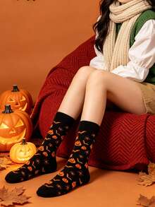 1 Pair Women's Multi-Color Small Bat & Pumpkin Element Soft Comfortable Cute Quirky Fashion Halloween Mid-Calf Socks - Multicolor - View 10