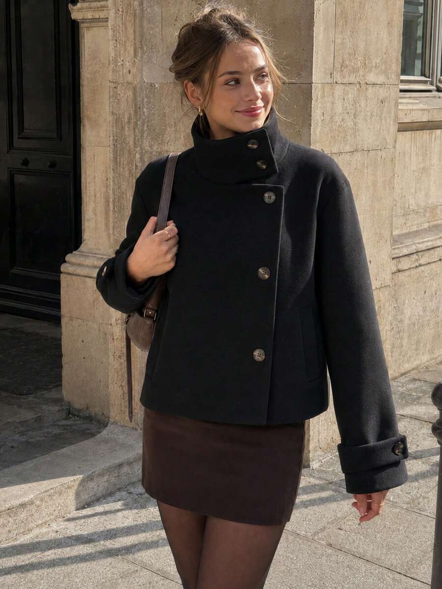女款短版外套 秋季黑色卡其色鈕扣開襟夾克 冬季高領長袖大衣 不對稱時尚女式外套 - 黑色 - 查看 1