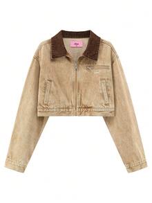 CHUU Women's Collared Zip-Up Jacket, Autumn Casual Versatile Youthful Sweet Cool Crop Top - Coffee Brown - View 10