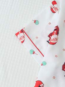 2pcs/Set Comfortable Santa Claus Candy Print Short Sleeve Collared Top And Bow Shorts Women's Pajama Set - White - View 4