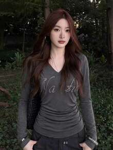 American Style V-Neck Rhinestone Letter Long Sleeve Waist-Cinching Women's Top, Autumn - Dark Grey - View 6