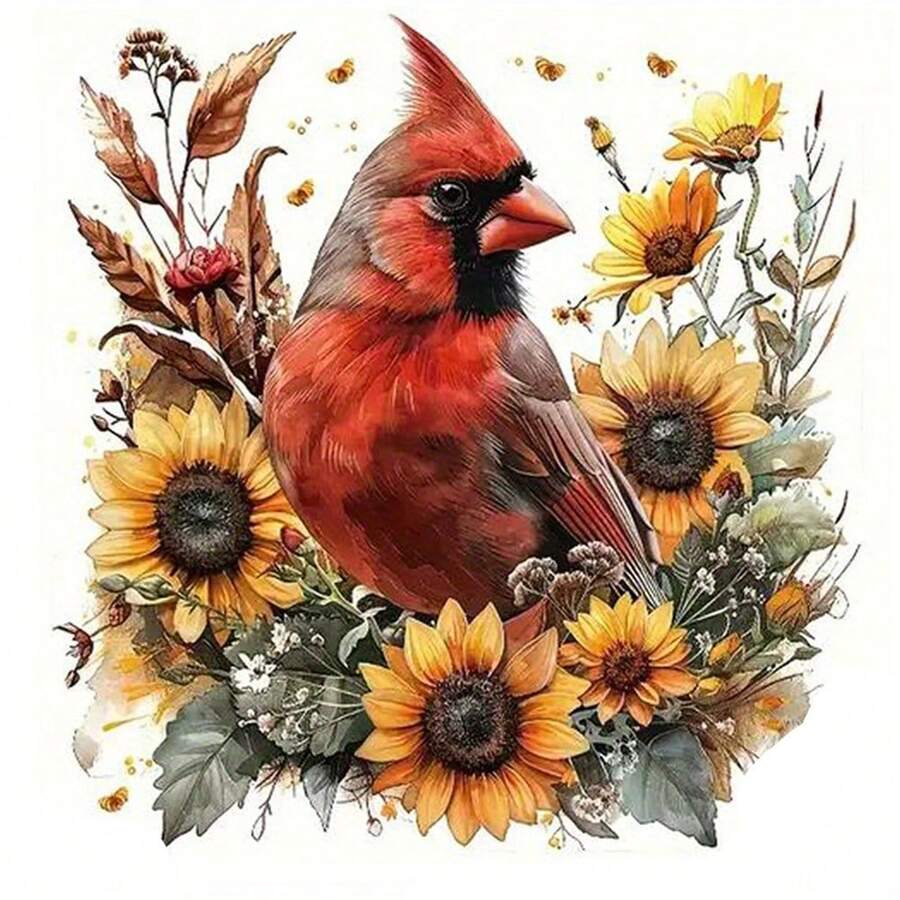 1/2/3pcs Cardinal Bird Sunflower Floral Heat Transfer Iron-On Patch, Autumn Flower Bird Plant Iron-On Sticker DIY Decoration For T-Shirt, Hoodie, Pillow, Fabric Bag - Multicolor - View 1