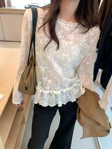 New Women's Minimalist Autumn French Lace Top, Long Sleeve Ruffle Hem, Youthful Loose Fit Top - Apricot - View 2