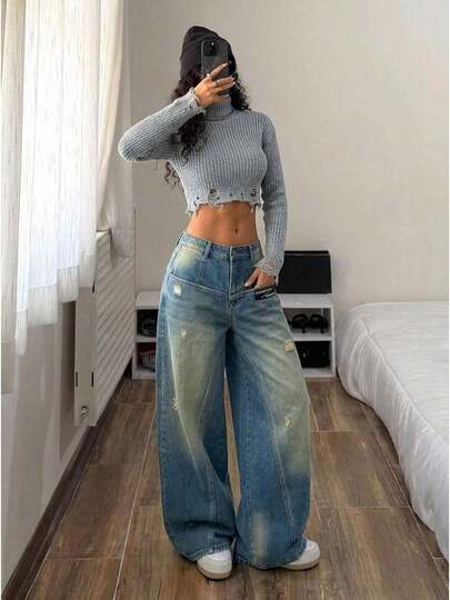 Y2K  Split Long Pants, High-Waisted, Loose-Fitting, Wide-Leg Denim Trousers