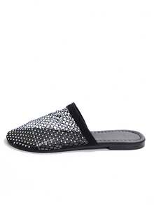 Summer New Niche Minimalist Hollow Rhinestone Flat Slide Sandals For Women, Fashionable Slip-On Mesh Breathable Closed-Toe Half-Slippers - Black - View 2