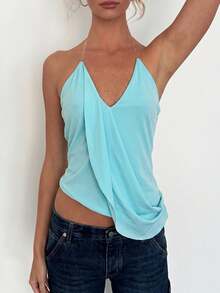Top Dazzle Chic Knit Fabric Deep V-Neck Backless Camisole, Asymmetrical Hem, Suitable For Bohemian Style - Blue - View 3
