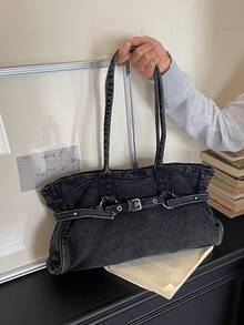 Fashionable Vintage Black Underarm Large Bag, Unique Buckle Design Women's Bag, Relaxed Street Style Shoulder Tote Bag, Suitable For University, Commuting, Shopping, Strolling, Daily Use. - Black - View 5