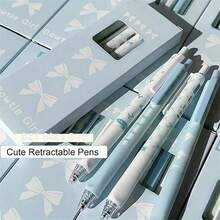 4pcs Set Retractable Bow Gel Pens, 0.5mm Fine Point Black Ink For Smooth Writing, Office And School Supplies, Style Blue For Women, Beaded Pens, Engraved Ballpoint Pens With Decorations, Fun Work Pens - A - View 6