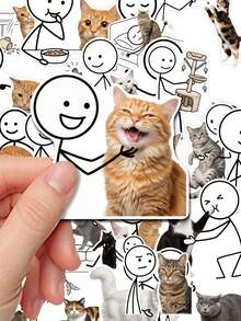 50Pcs Funny Cat Meme Sticker Pack, Line Figure & Cute Cat Print, Aesthetic Humorous Meme Decals, Waterproof Stickers, For Teen Journal, Tumbler, Notebook DIY Decor - Multicolor - View 3