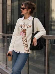 Women's Cute Giraffe Print Ribbed Knit Pullover Sweater, Long Sleeve, Regular Fit, Medium Stretch, Ideal For Autumn/Winter Fall - Apricot - View 4