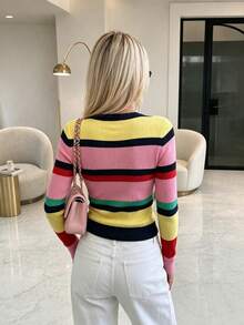 MORI Fall Winter Y2K Elegant Casual Rainbow Color Block Striped V Neck Ribbed Knit Pullover Sweater Tops Women Going Out Party Vacation Outfits - Multicolor - View 8