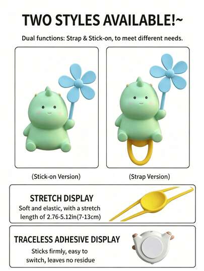 Small Dinosaur Windmill Hanging Ornament, PVC Material (Silicone Strap/No-Trace Sticker) 2 Options, Suitable For Bicycle, Electric Bike, Motorcycle, Car Interior Decoration