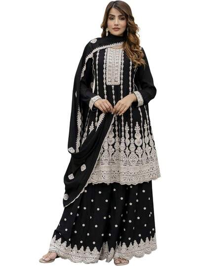 Conjunto de Kurta y Palazzo de seda artística con bordado y dupatta para mujer JZGZR