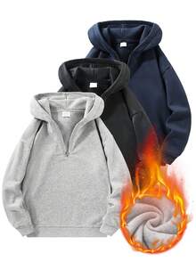 Sweatshirt Hoodie Pria Warna Polos dengan Resleting Setengah/Seperempat, Sweatshirt Pullover Lengan Panjang Beludru, Sweatshirt Pullover Tebal dengan Lapisan Hangat, Cocok untuk Musim Gugur/Musim Dingin - Light Grey - View 11