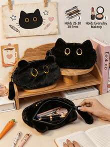 1pc Black Cat Face Pencil Case, Rectangular Large Capacity Zippered Makeup Bag/Toiletries Bag, Portable Student/School/University/Office Desktop Stationery Storage Bag, Suitable For All Seasons And Everyday Use - Multiple Colors and Styles - View 9