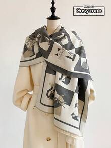 1pc Faux Cashmere Elegant Design Cat Pattern Jacquard Warm Scarf For Women, Air Conditioning Room Blanket, Autumn/Winter Outdoor Travel Cold Protection Neck Warmer Decorative Scarf Shawl Dual Use, Suitable For Daily Matching, First Choice For Gift Giving - Grey - View 1