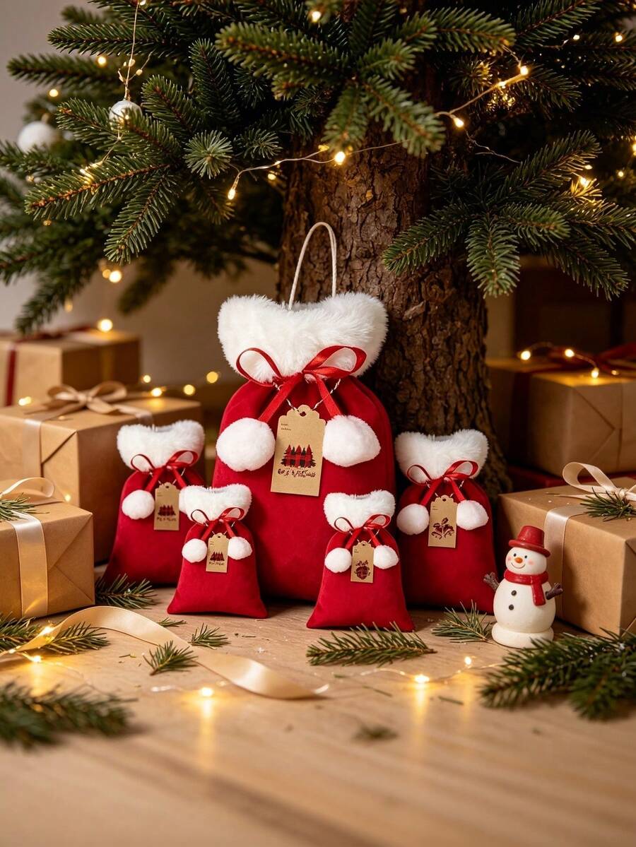 5/10pcs Drawstring Candy Gift Bags With White Pom Pom Christmas Gift Packaging Bags, Small Santa Claus Cloth Bags With Kraft Paper Tags (Random Pattern) And Rope, Suitable For Christmas Gifts, Party Favors And Holiday Table Decor - Multicolor - View 1
