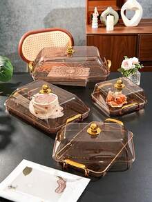 Tray With Cake Lid, Gold Thickened Transparent PET Rectangular Tray With Handle And Cake Lid, Plastic Storage Tray, Suitable For Tea Cups, Water Cups, Gold Rim Style - Amber - View 8
