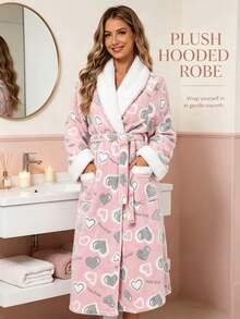 Neue lange warme Damen-Bademantel, weicher warmer bedruckter Samt-Bademantel, Herbst/Winter verdickter Stil, Damen lässiger Strick-Bademantel in Knie-Länge mit Bindegürtel und Taschen, Haus-Bademantel, Halloween-Kostüm, Weihnachtsgeschenk - A - Übersicht 1
