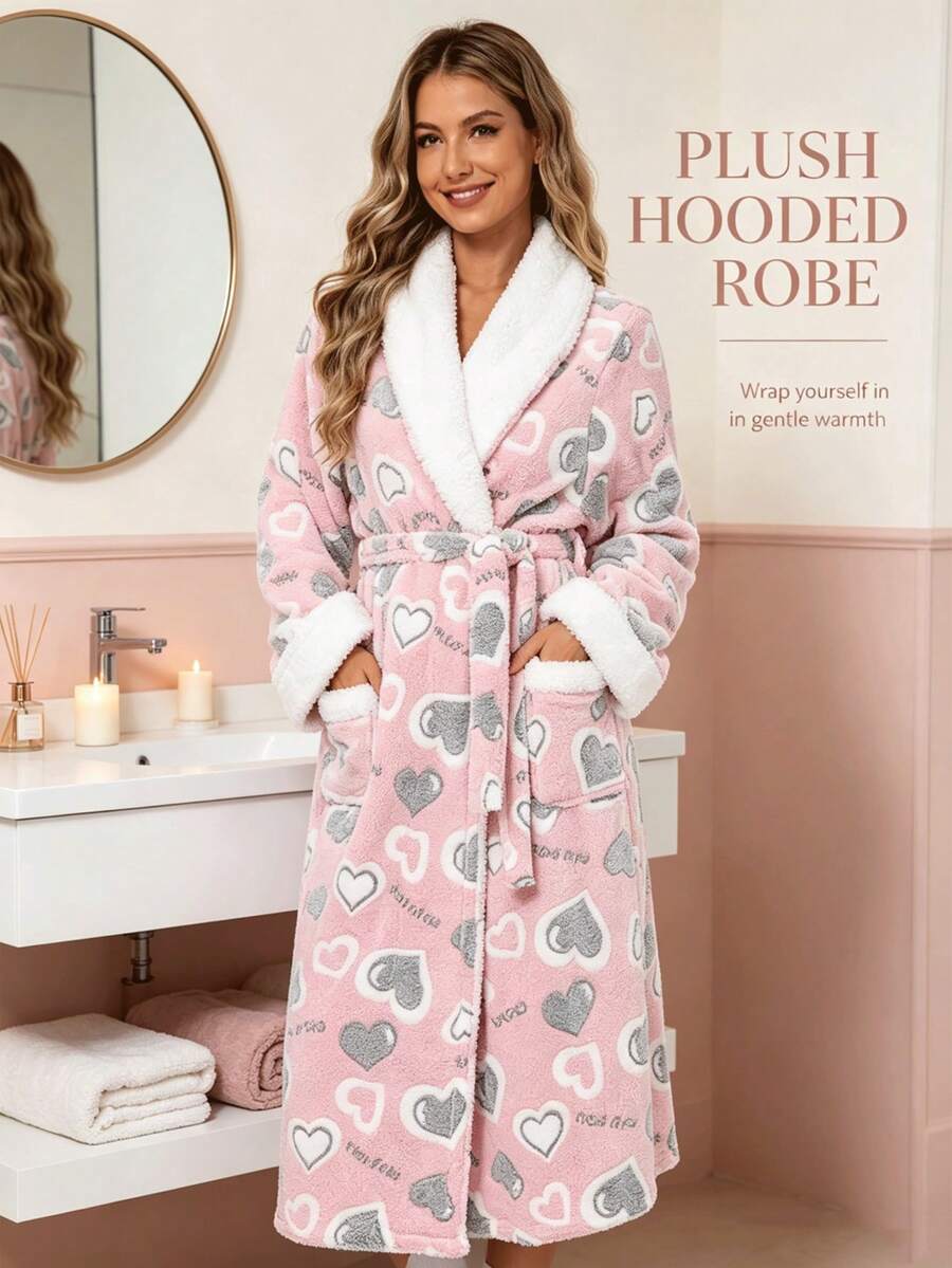 Neue lange warme Damen-Bademantel, weicher warmer bedruckter Samt-Bademantel, Herbst/Winter verdickter Stil, Damen lässiger Strick-Bademantel in Knie-Länge mit Bindegürtel und Taschen, Haus-Bademantel, Halloween-Kostüm, Weihnachtsgeschenk - A - Übersicht 1