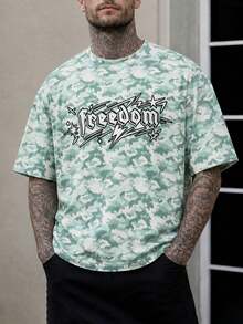 Men's Mint Green Camouflage Short Sleeve T-Shirt, American Graffiti "Freedom" Print Casual Top, Standard Fit - Mint Green - View 1