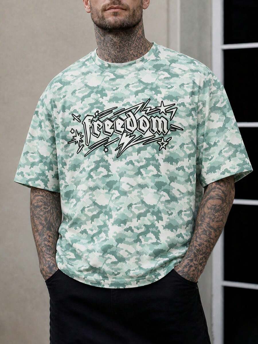 Men's Mint Green Camouflage Short Sleeve T-Shirt, American Graffiti "Freedom" Print Casual Top, Standard Fit - Mint Green - View 1