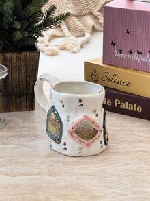 1pc Vintage Small Window Pattern Large Capacity Ceramic Mug, Suitable For Home Kitchen Restaurant Office, Exquisite Ceramic Mug, Can Be Used As Coffee Cup, Milk Cup, Breakfast Cup, Latte Cup, Multi-Functional Mug, Personalized Holiday Gift - Multicolor - View 4