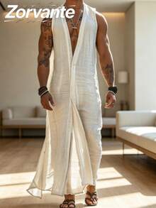 Men's outerwear | Vacation style men's casual sleeveless button up cardigan long robe - Blanco - Ver 2