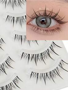 5 Pairs Thai-Style False Eyelashes, Korean Style, C Curl, 6-12mm Mixed Length, Long & Intertwined Design, Create 3D Voluminous & Natural Enlarged Eye Effect, Soft & Lightweight, Comfortable Fit, Easy DIY Application, Save Makeup Time, Simple Operation For Beginners, Reusable, Suitable For Daily, Date, Travel & Party Looks, Ideal Holiday Gift For Best Friend Or Girlfriend - Black - View 5