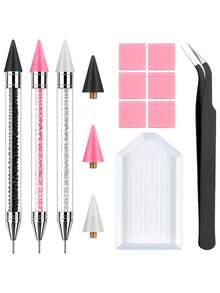 Juego de bolígrafo para recoger diamantes de pintura con bandeja | Bolígrafo de cera para diamantes, herramientas de arte de uñas con diamantes brillantes - A - Ver 1