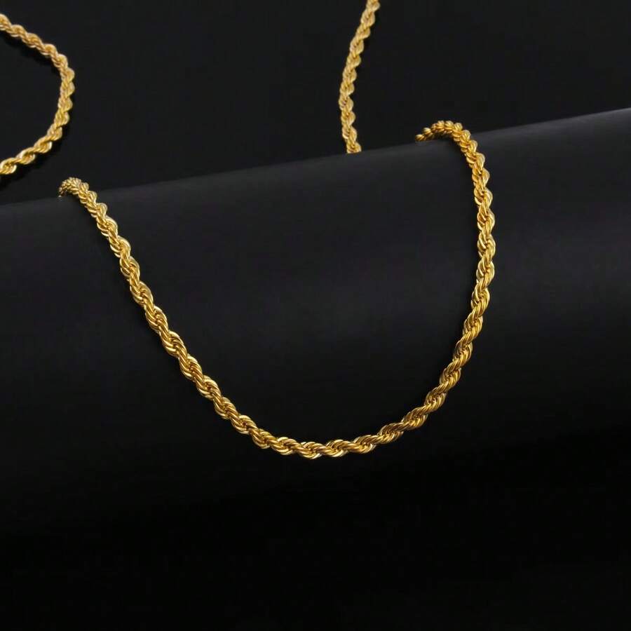 1pc Gold-Plated Twisted Rope Chain Necklace, Unisex, Minimalist Design Fashion Accessory - Multicolor - View 1